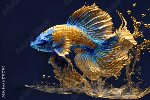 beautiful betta fish with long tail in turquoise blue colors on a black background. decorative image or for graphic design created with Generative AI technology © Fernando Cortés