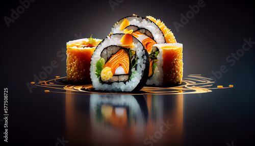 Sushi, rolls, maki traditional Japanese food plate artwork. Generative AI