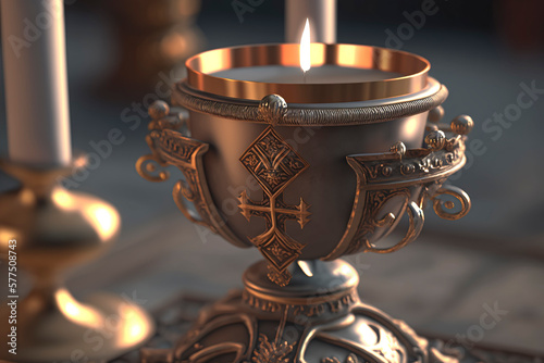 holy grail, bronze and gold cup with christian and religious cross on table illuminated with candlelight created with Generative AI technology