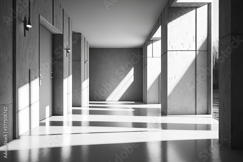 Fototapeta Modern concrete corridor interior with empty mock up place on wall, pillars and daylight