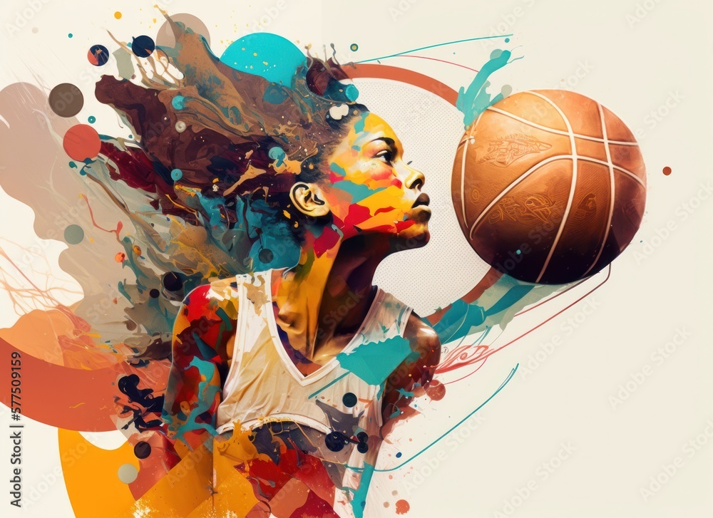 Obraz premium Dreamy poster illustration of black female basketball player with the ball. Generative AI.