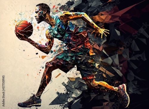 Dreamy poster illustration of a male basketball player with the ball. Generative AI.
