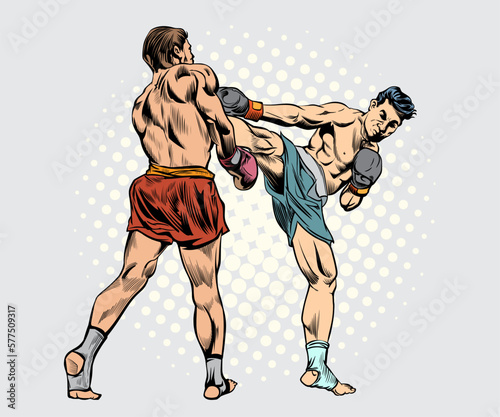 Muay Thai, Thai boxing, Kick boxing, martial arts. Vector illustration. Pop art retro comic.	
