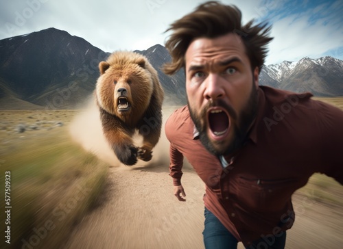 Man taking selfie and escaping  from a brown bear attack. Generative AI.