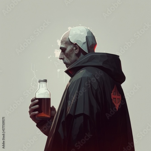 Trappist monk holding a brewery beer. Isolated, white background, copy space. Generative AI. photo