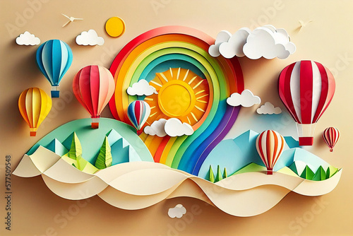 hot air balloon over the sea, paper craft art or origami style for baby nursery, children design