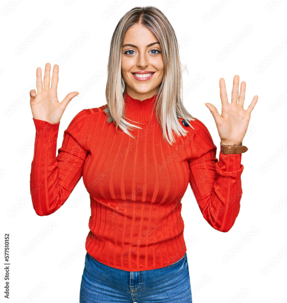 Beautiful blonde woman wearing casual clothes showing and pointing up with fingers number nine while smiling confident and happy. Beautiful blonde woman wearing casual clothes showing and pointing up with fingers number nine while smiling confident and happy.