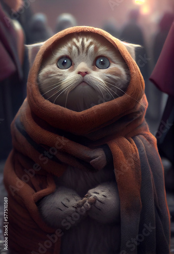 The kitten is wrapped in a warm blanket. AI Generated ©  iiulia