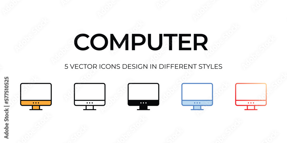computer Icon Design in Five style with Editable Stroke. Line, Solid, Flat Line, Duo Tone Color, and Color Gradient Line. Suitable for Web Page, Mobile App, UI, UX and GUI design.