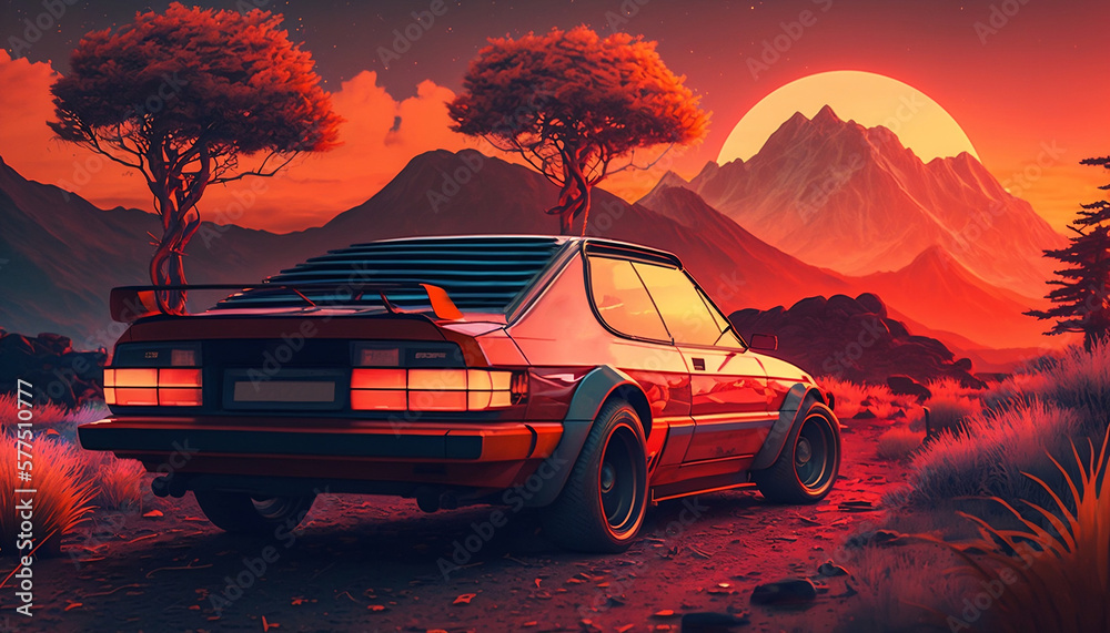 Retro car on a picturesque background, in the style of 80s-90s, nostalgia and the spirit of youth, drive and colors