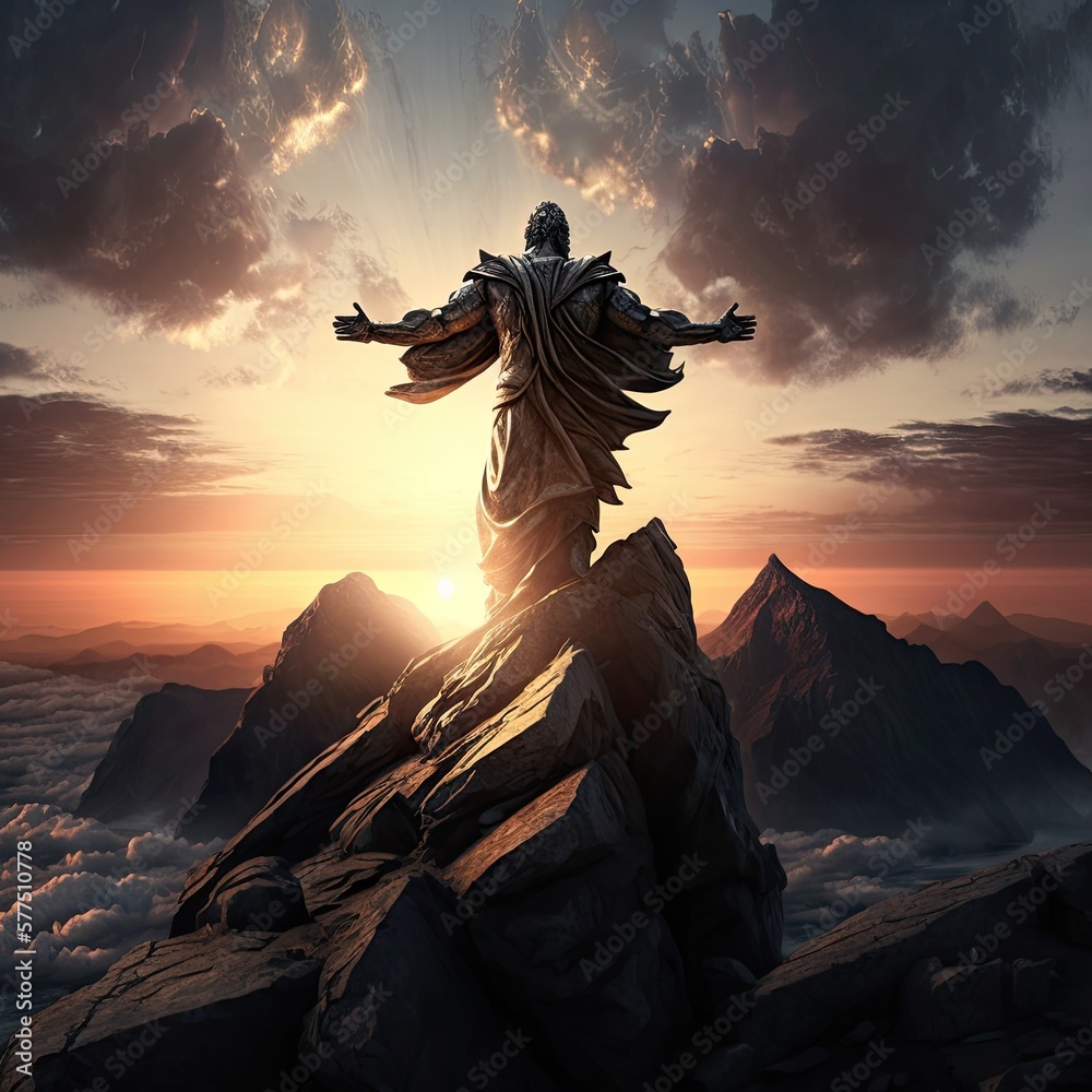 Stone statue representing Jesus Christ, on the mountain peak, with dramatic sky, in the golden hour. Ai Generative.