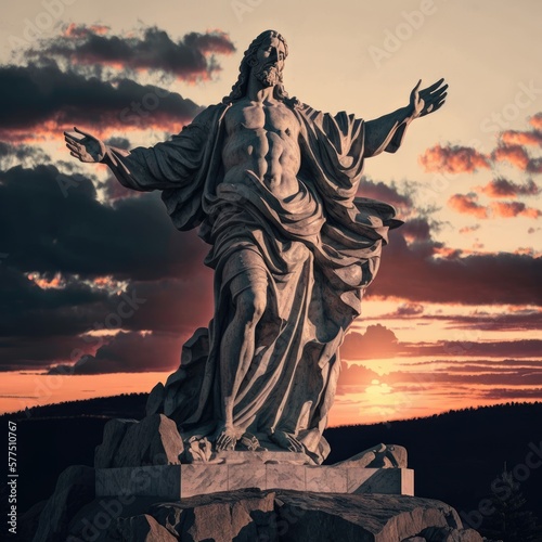 Stone statue representing Jesus Christ  on the mountain peak  with dramatic sky  in the golden hour. Ai Generative.