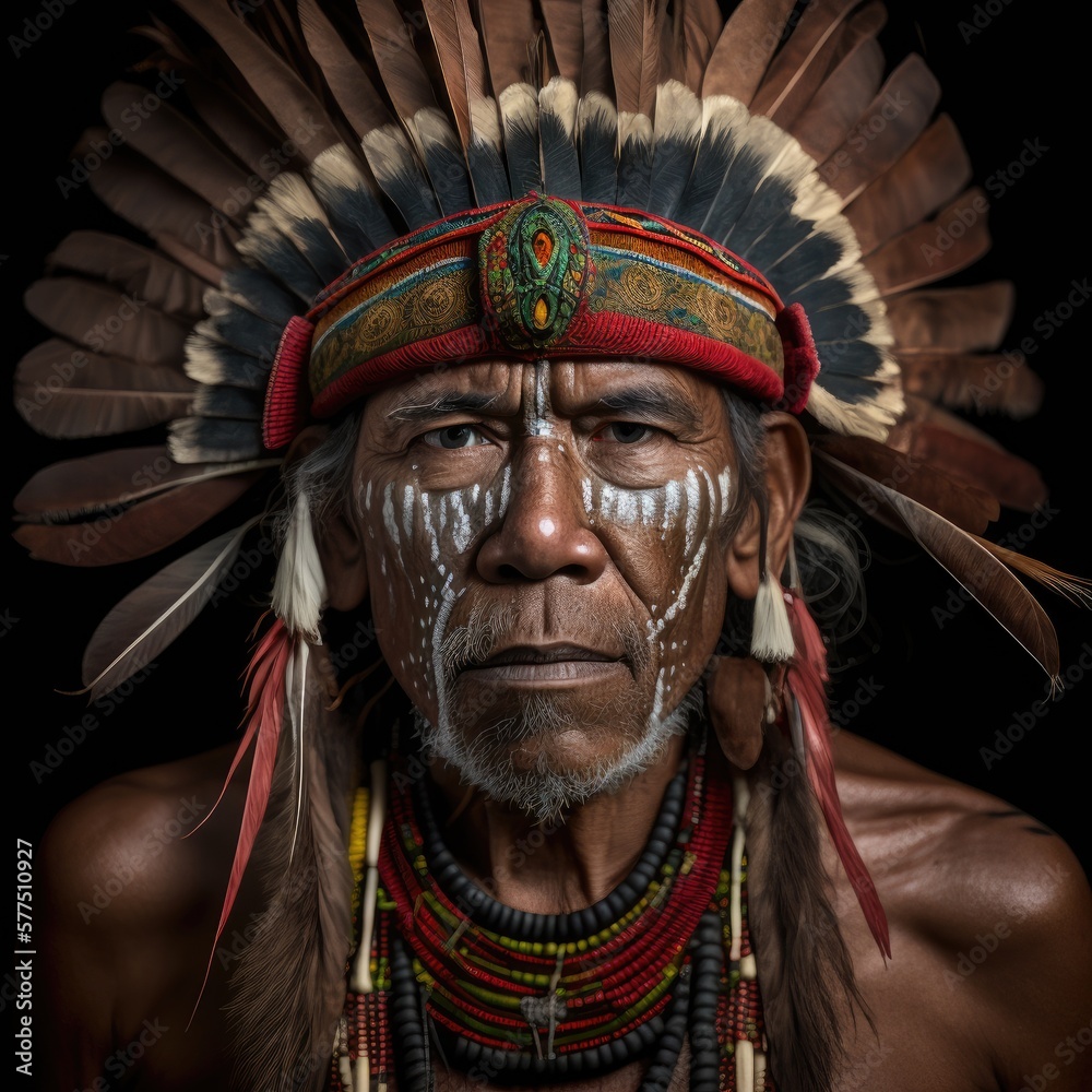 Portrait, mature man from Huli Wigmen tribe, Ai Generative. Portrait, mature man from Huli Wigmen tribe, Ai Generative.