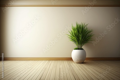 Empty room interior background, wooden paneling and beige stucco wall, wooden flooring, pot with grass. Copy space. Generative AI