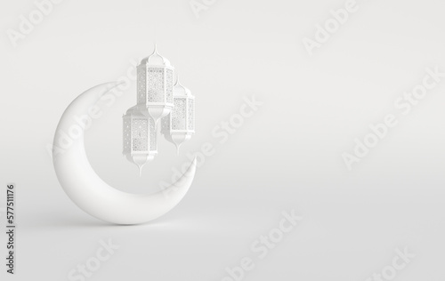White lantern and crescent moon on white background for muslim holiday Ramadan Kareem. Traditional religious islamic symbol