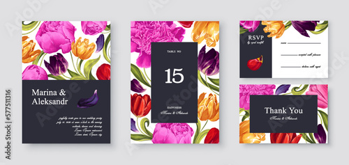 Spring, vector postcard set Save The Date, poster, template for banner ads, place for text, social media posts. Greeting or invitation card design with flowers of colorful tulips and pink peonies.