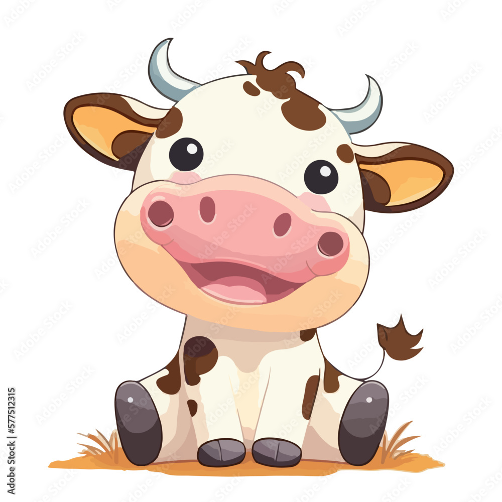 Young cute cow. Baby cow. Sweet adorable creature smiles friendly. Vector graphics, illustration for children.