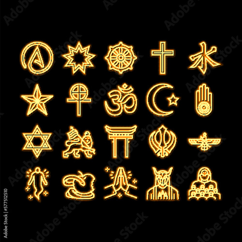 Religion, Prayer Cult And Atheism neon glow icon illustration