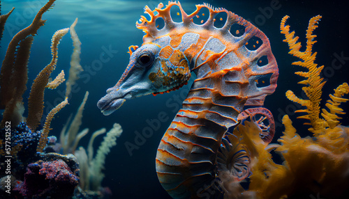 Illustration of a seahorse on a coral reef. Generative AI. © Jeff Whyte