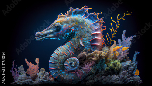 Illustration of a seahorse on a coral reef. Generative AI.