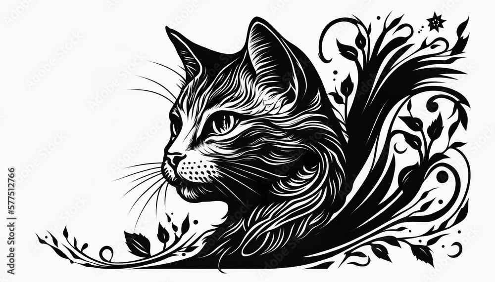 cat illustration for tattoo or wall sticker