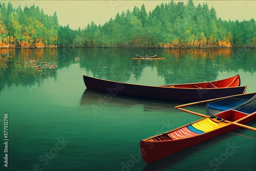 Papier peint a painting of a canoe with colorful kayaks on it's side and a rowboat on the water with a rowboat in the middle