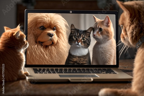 Cat and dog using computer, generative ai