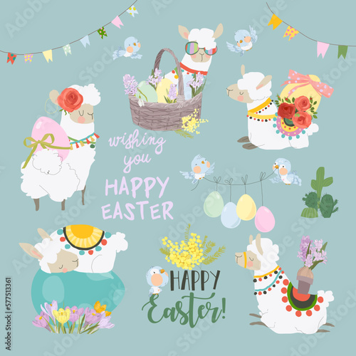 Cute Cartoon Easter Set with Cute Alpacas and Easter Eggs
