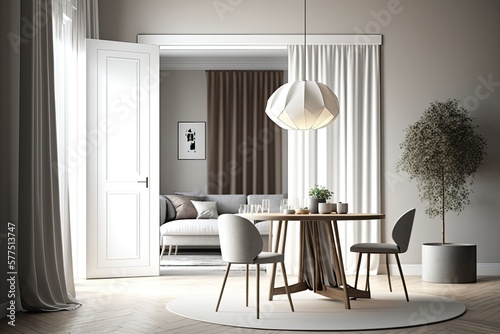 Architectural designer concept with a white folding door opening into a beige toned, modern, basic living room with a dining area, window with curtains, parquet floor. Generative AI