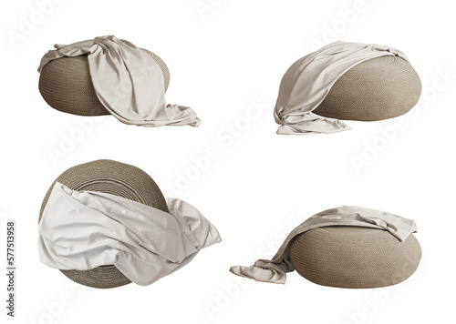 Konstfotografi A set of four views of beige plaid on the knitted round ottoman