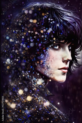 AI generated. Portrait of a woman with abstract glitter ink splatter. Beautiful gothic fashion. 