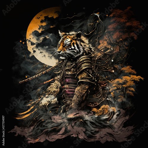 Dragon in the night, tiger in the sky, tiger in the night, tiger warrior, japanese style, tiger warrior, black background, ultra graphics, hyperrealism,