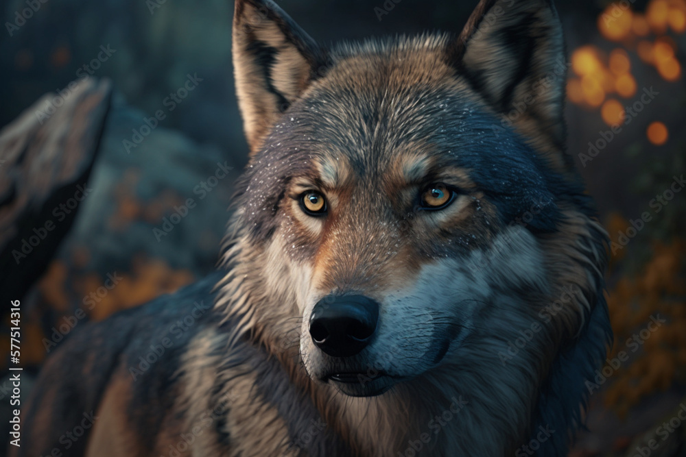 close-up of a wolf's face, Generative AI