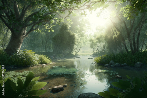 river in the middle of the forest, Generative AI