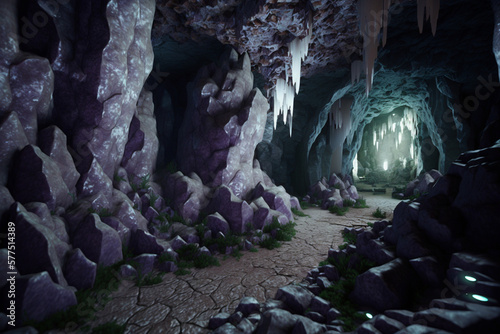 rock cave with crystals, Generative AI