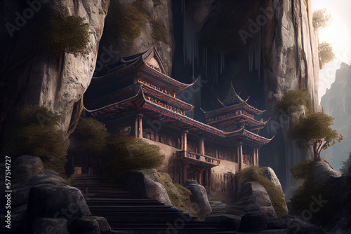 Buddhist Temple in the mountains of Asia. Generative AI. 
