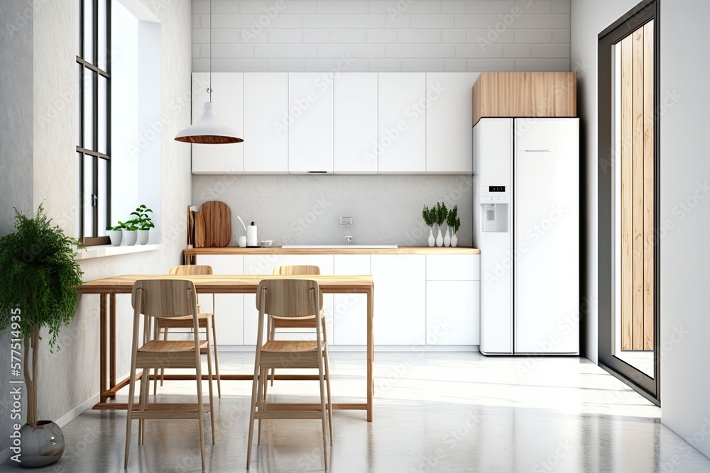 Kitchen interior with a concrete floor and wooden countertops. A table with chairs in the foreground. mock up. Generative AI