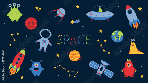 Vector kids cartoon space set. Aliens, ufo, stars, rockets, planets, spaceship, astronaut, satellite, constellation, monsters, comet. Earth, Mars, Saturn. Cosmic adventure