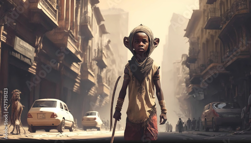 A child from an African tribe in a big city. Generative AI.