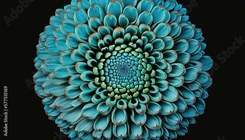  a large blue flower with a green center on a black background.  generative ai © Jevjenijs