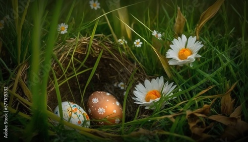  three eggs in a nest with daisies in the grass.  generative ai