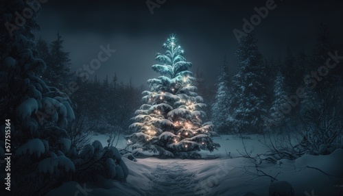  a christmas tree is lit up in a snowy forest at night. generative ai