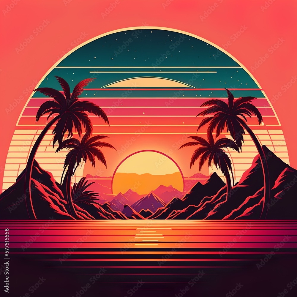 Naklejka premium Retro sunset travel background illustration, Generative AI