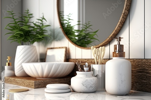 Close up of Stylish and modern bathroom interior with vessel sink  diffusers  soap  toothbrush  shampoo on wooden countertop  mirror on marble wall    illustration. Generative AI