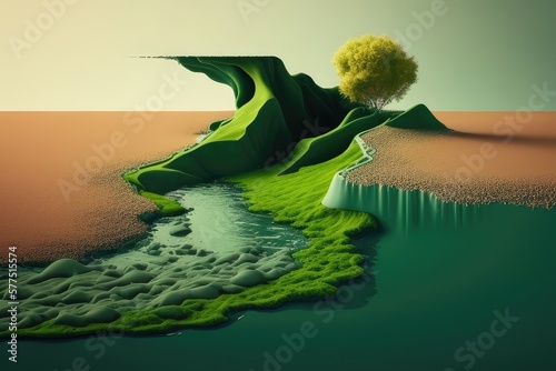 polluted river, algae-covered banks, stagnant water - the destruction of flooding;, concept, AI generation.