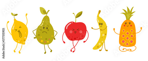 Cute cartoon fruits in kawaii style. Lemon,pear, apple,banana,pineapple.Isolated vector illustration set.