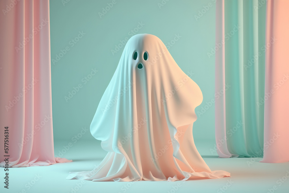 A spooky ghost figure made from a sheet in a pastel interior room. Generative ai