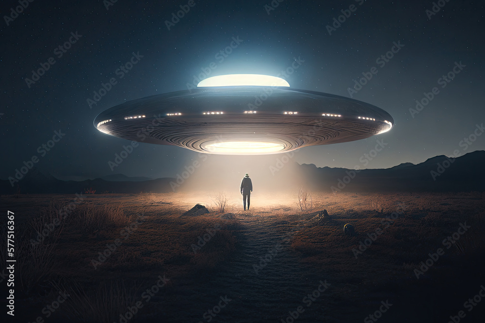 Flying saucer flies at night in sky over silhouette of man standing in field. Invasion of extraterrestrial intelligence on an intergalactic ship. Alien abduction. Created with Generative AI Flying saucer flies at night in sky over silhouette of man standing in field. Invasion of extraterrestrial intelligence on an intergalactic ship. Alien abduction. Created with Generative AI