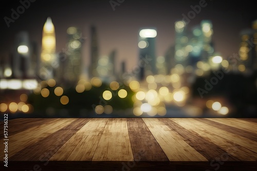 Empty wooden table top with beautiful blurry skyscrapers at evening on background, mock up. Generative AI
