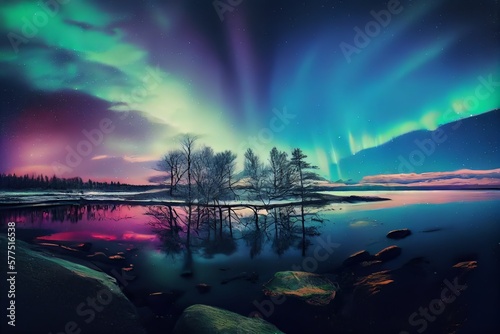 Pink aurora borealis, morthern lights over ice and snow landscape.